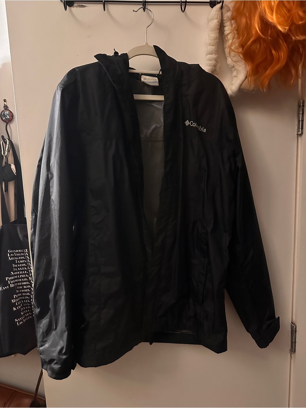 Columbia Black Hooded Rain Jacket with Logo